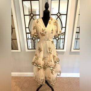 Elegant Embroidered Cream Midi Dress with Floral Detail